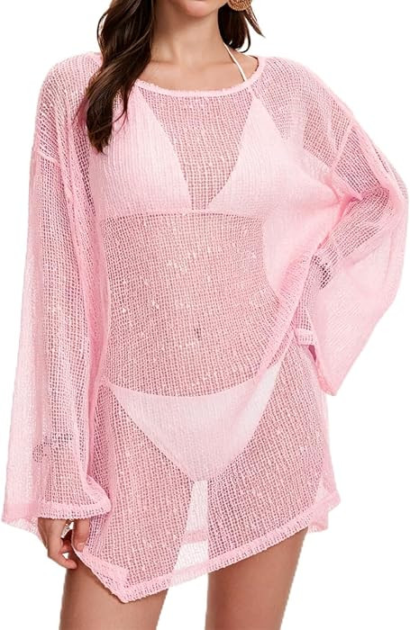 Swimsuit Coverup for Women, Crochet Sheer Beach Dress Summer Sexy Slit Swim Bathing Suit Cover Up... | Amazon (US)