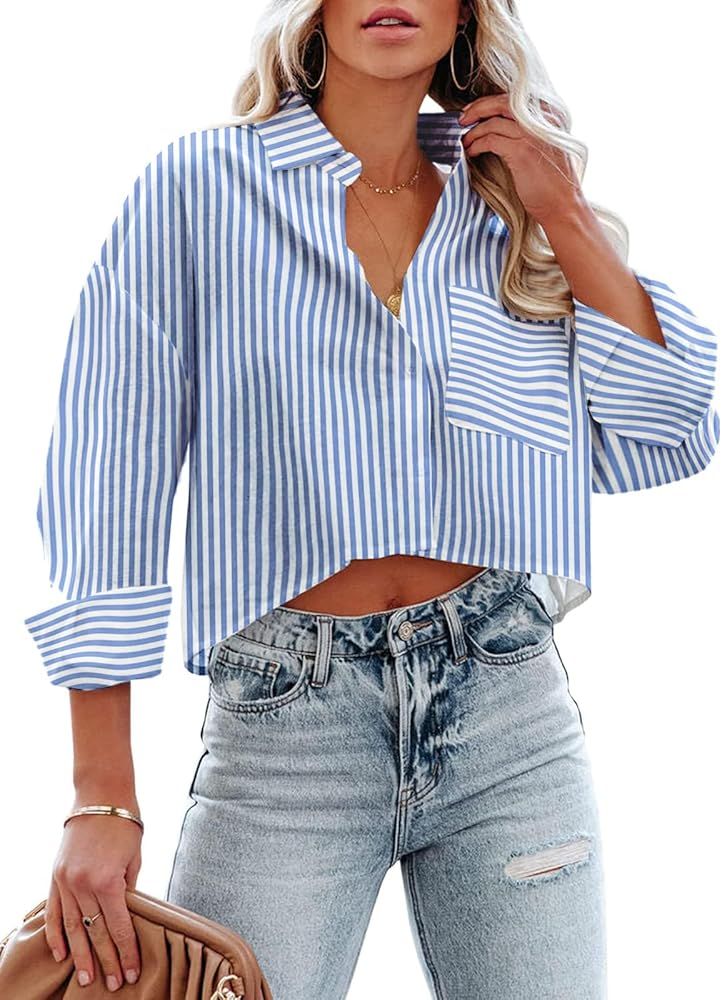 Women Button Down Cropped Striped Shirts Summer Color Block Crop Tops V Neck Dressy Casual Blouse... | Amazon (US)