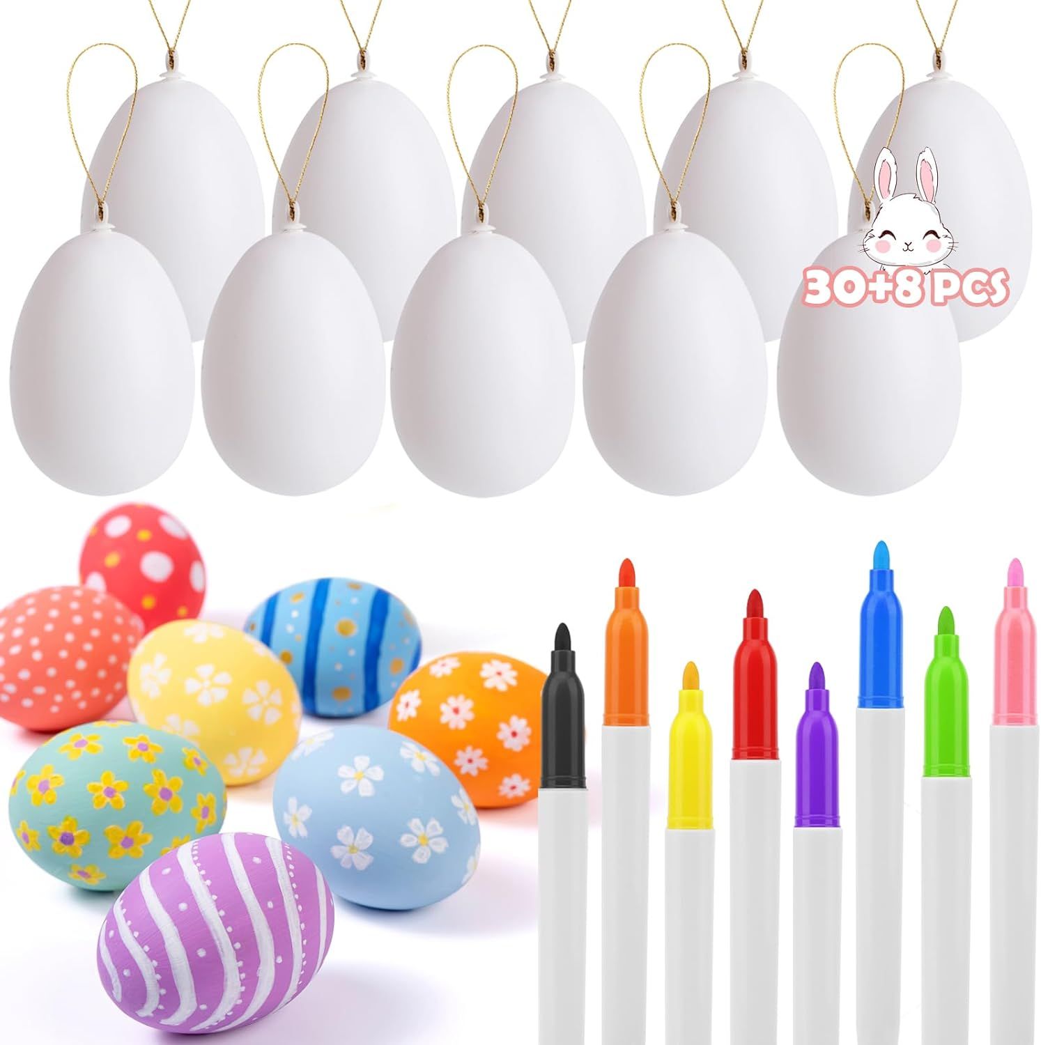 30 Pcs Easter Decorations Eggs with 8 Pens, White Plastic Eggs with Rope, Artificial DIY Creative... | Amazon (US)