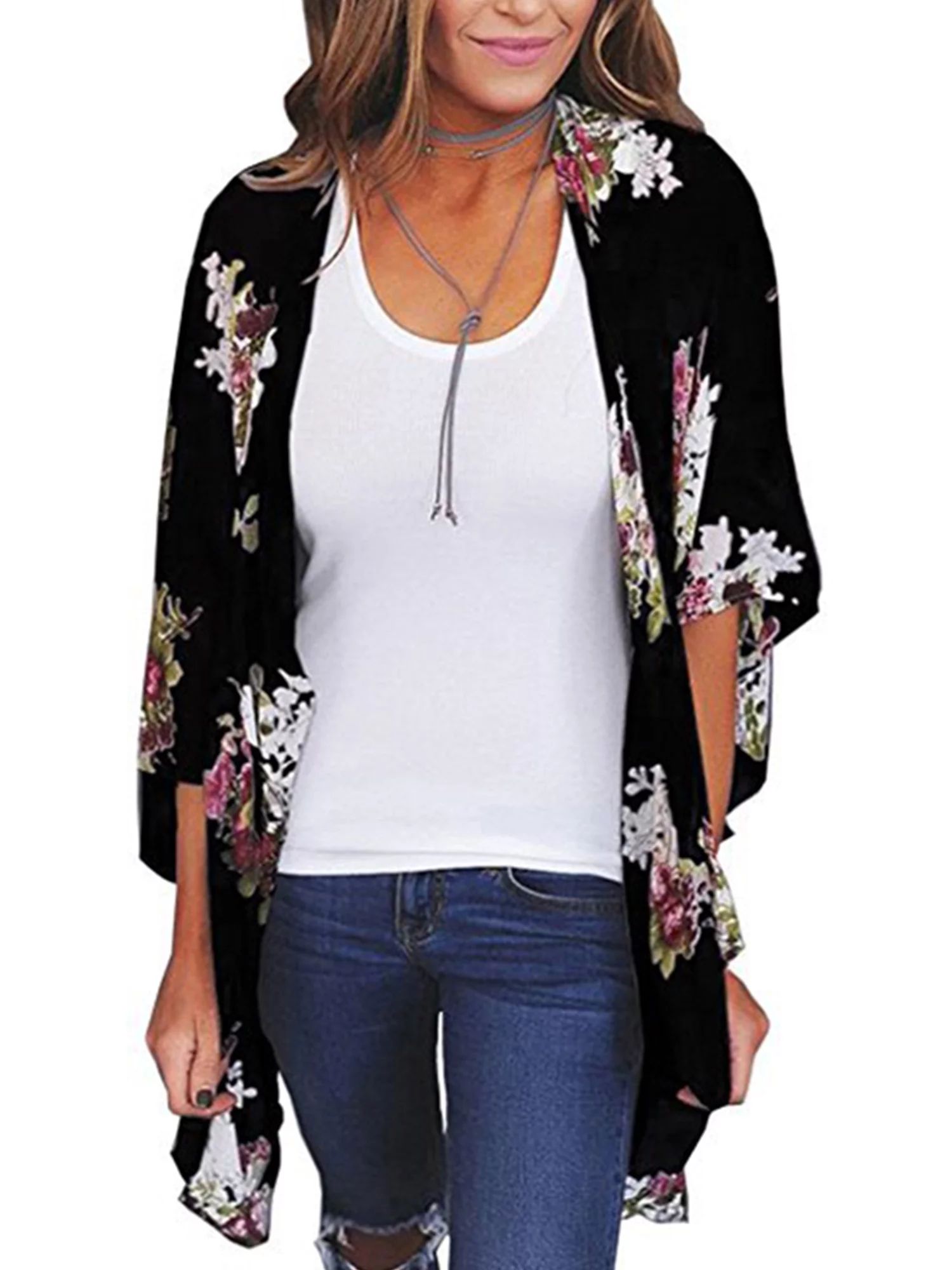 Women Floral Loose Kimono Cardigan Boho Sun Block Coat Jacket Blouse Thin Top | Walmart (US)
