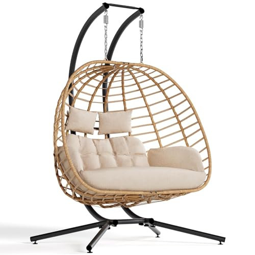 SWITTE Double Hanging Egg Chair with Stand, Outdoor Patio 2 Person Wicker Hammock Swing Chairs with Cushion Loveseat for Indoor Bedroom, Lawn, Garden-Beige | Amazon (US)