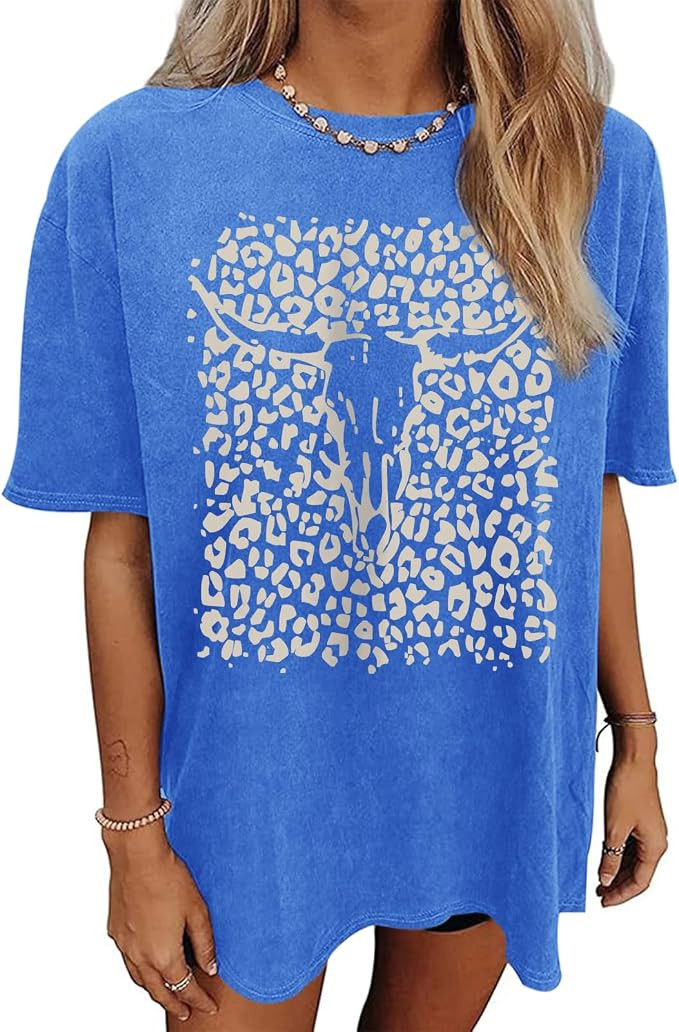 Western Cow Skull Shirts for Women Boho Cowgirl Shirt Vintage Acid Wash Tshirt Oversize Rodeo Gra... | Amazon (US)