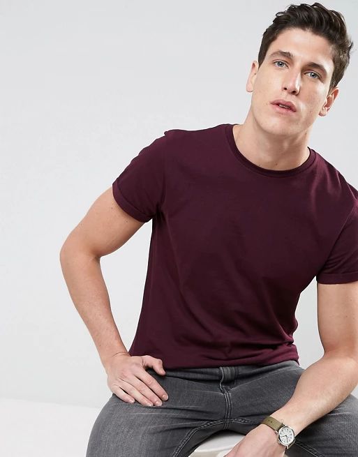 ASOS T-Shirt With Crew Neck And Roll Sleeve In Red | ASOS US