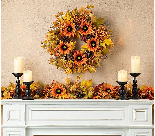 Glitzhome 24"D Fall Sunflower, Maple Leaf and Berry Wreath - QVC.com | QVC