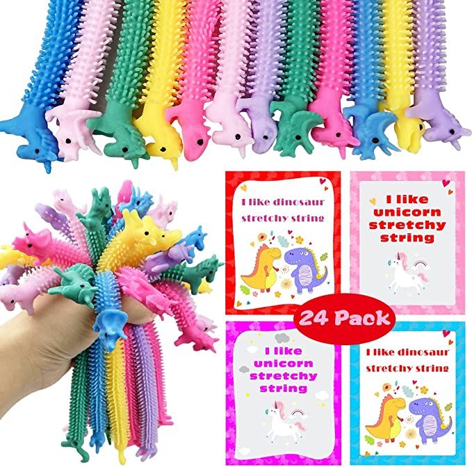 JoFAN 24 Pack Valentines Cards with Uinocrn Dinosaur Stretchy String Toys for Kids School Class C... | Amazon (US)