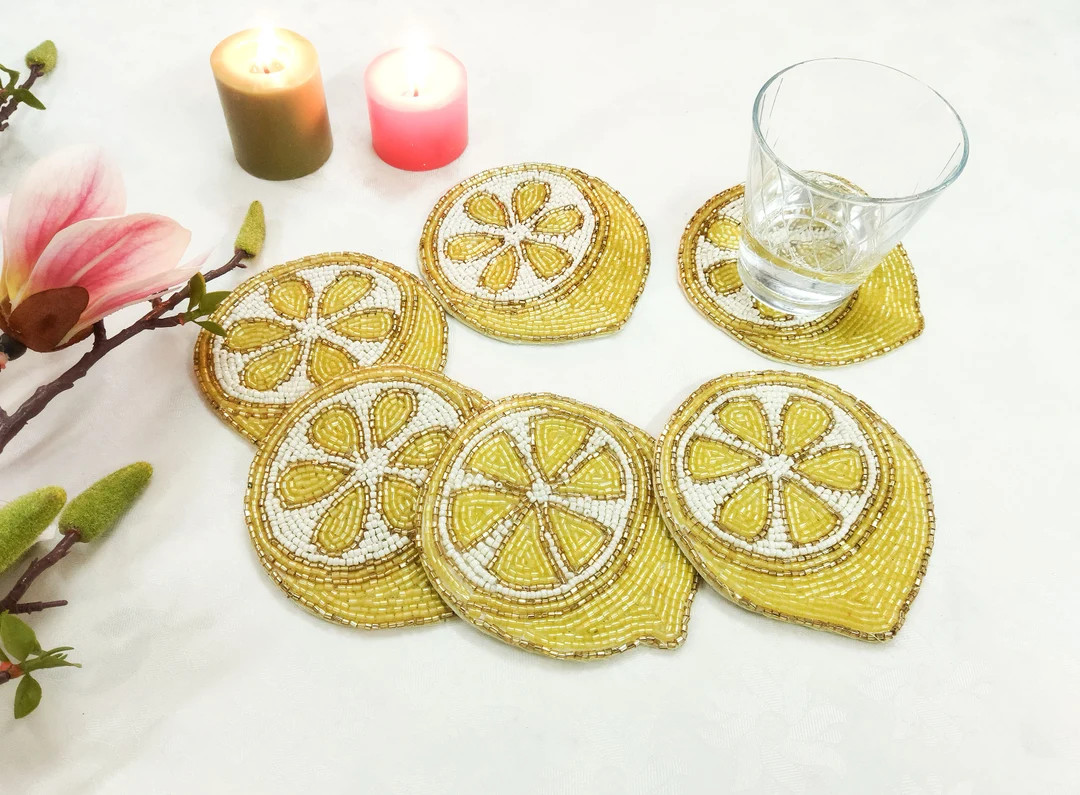 Handmade Beaded Half Cut Lemon Coasters Set of 6 - Etsy | Etsy (US)