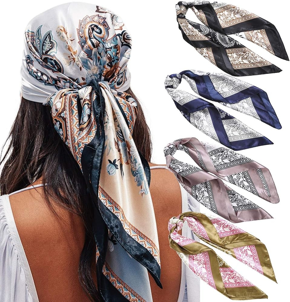 35” Satin Large Square Head Scarves - 4PCS Silk Like Neck Scarf Hair Sleeping Wraps Lightweight Sati | Amazon (US)
