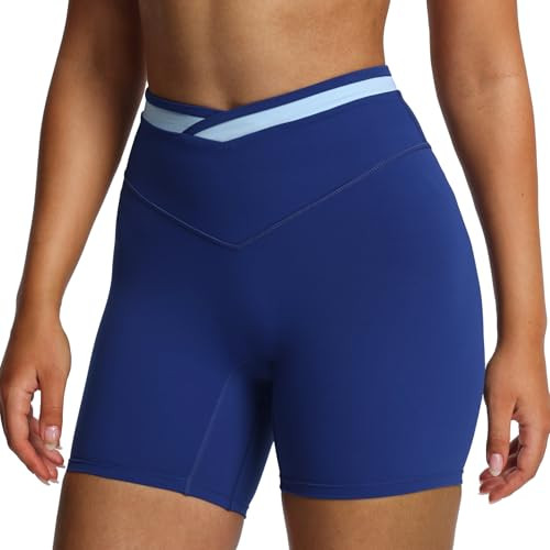 Aoxjox Velma Workout Biker Shorts for Women Color Block Cross-Waist High Waisted Exercise Gym Run... | Amazon (US)
