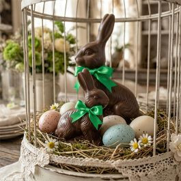 Sitting Decorative Chocolate Bunny with Green Bow Figure | Antique Farm House