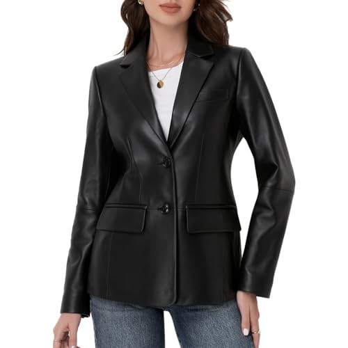 SILVER FASHIONS Lambskin Leather Jacket Women,Long Sleeve Button Front Leather Blazer,Notched Lapel Casual Style,Vent Detail (X-Large,Black) | Amazon (US)