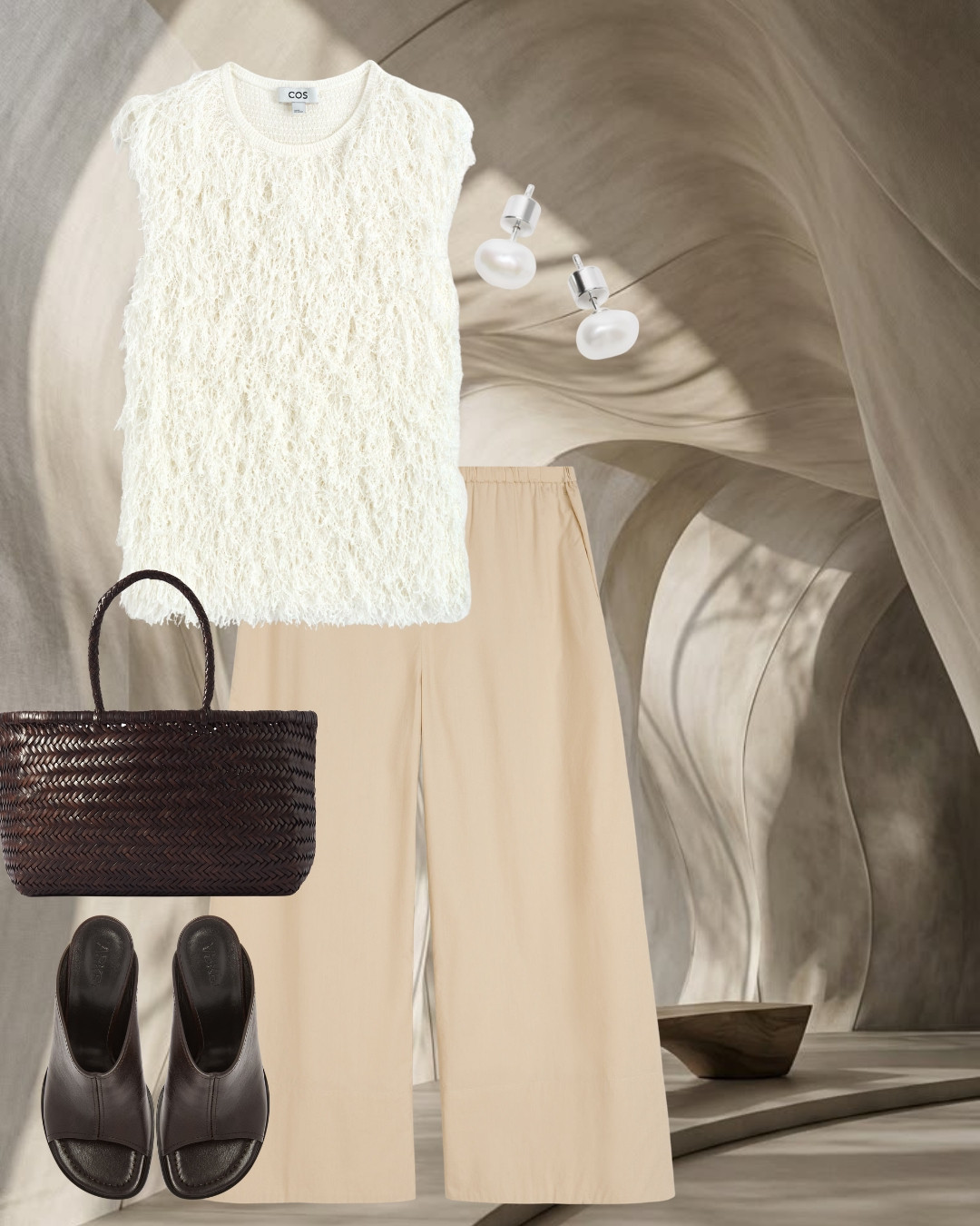 Warm Minimalist Summer Outfit | COS Textured Fringe Top, Wide-Leg Linen Pants & Dark Brown Woven Tote 

 #LTKgrwm #LTKootd #LTKSeasonal