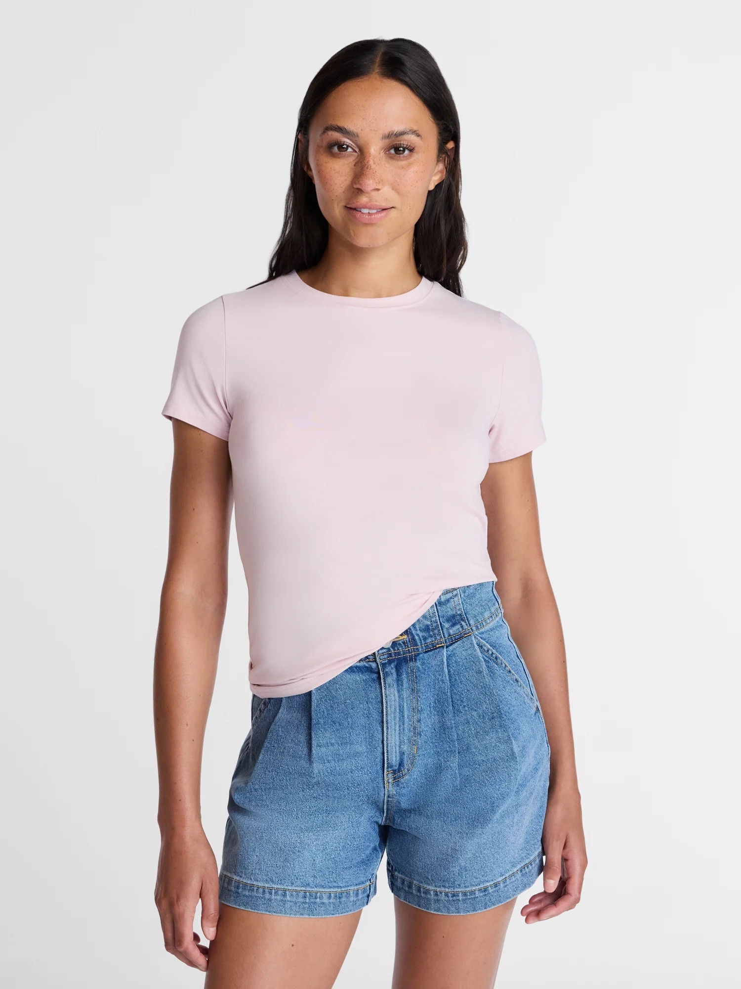 Time and Tru Women's Slim Fit Crewneck Tee with Short Sleeves, Sizes XS-XXXL | Walmart (US)