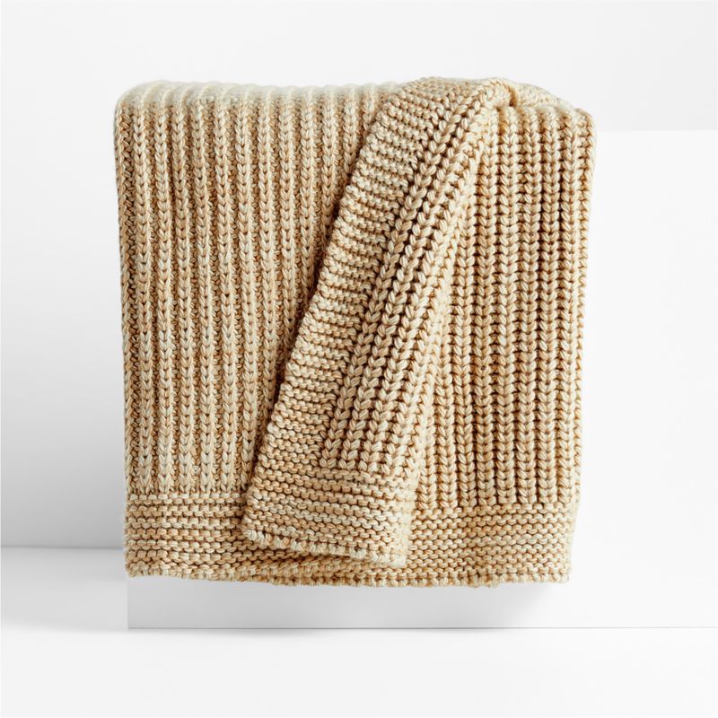 Ginger Beige Wool Blend 70''x55" Fisherman Knit Throw Blanket | Crate & Barrel | Crate & Barrel