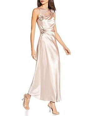 Gianni Bini Cheyanne Satin 3D Rosettes Cutout Round Neck Sleeveless Ruched Slip Maxi Dress -  0 | Dillard's