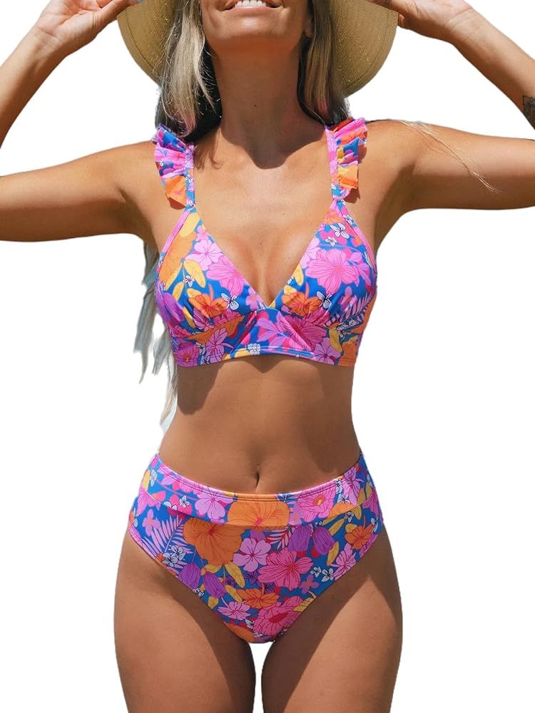 CUPSHE Women Bikini Sets 2 Piece Swimsuit High Waisted Bottom Floral Print Ruffle V Neck Bathing ... | Amazon (US)