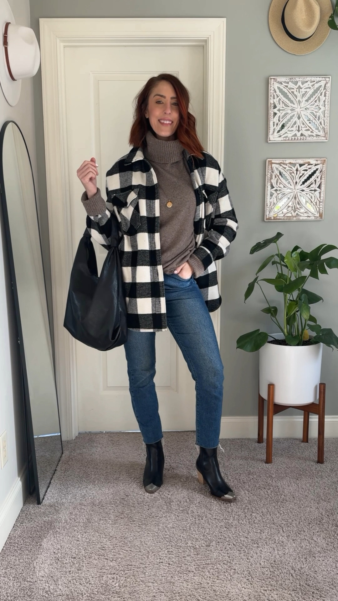 Shacket season is still in full swing, and I’m here for all the cozy layers! 🖤🤍

Day 6 of my 31 Days of Closet Magic Challenge is all about staying stylish while layering up for these chilly January days. 

This black-and-white checkered shacket takes center stage, paired with an oversized brown turtleneck sweater that’s perfect for tall-girl fashion (hello, extra length and comfort!). This shacket was my sisters who passed away in September of 2024 and I honored to have it and to be sharing it here. 

I balanced the look with ankle jeans featuring a fun frayed hem and added my black Western booties for a touch of edge. To keep it chic, I accessorized with a long gold locket necklace and my oversized black hobo bag. This outfit is a comfy yet elevated cold-weather staple for tall and midsize gals alike!

How do you feel about shackets?
✔️ Obsessed—wearing one now!
🤔 Still on the fence

#ClosetMagicChallenge #ShacketSeason #TallGirlStyle #MidsizeFashion #BohoWinterStyle #ShopYourCloset #NoSpendChallenge

#LTKMidsize #LTKStyleTip #LTKShoeCrush