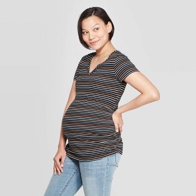 Maternity Striped Short Sleeve Shirred V-Neck T-Shirt - Isabel Maternity by Ingrid & Isabel™ Na... | Target