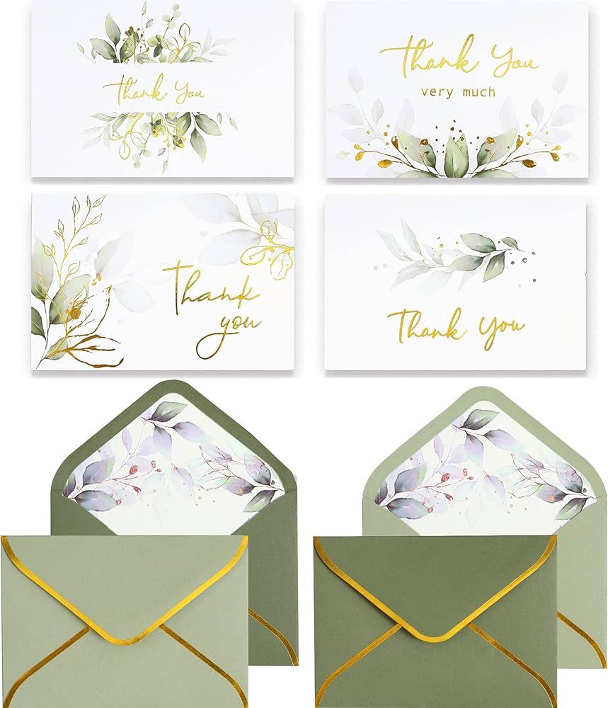 100 PK Sage Green Thank You Cards with Envelopes Bulk - 5 x 3.5 Inches Gold Greenery Wedding Than... | Amazon (US)
