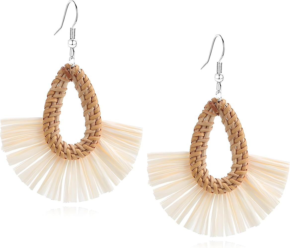 Boho Summer Beach Earrings for Women Lightweight Straw Wicker Earring Statement Raffia Fan Round ... | Amazon (US)
