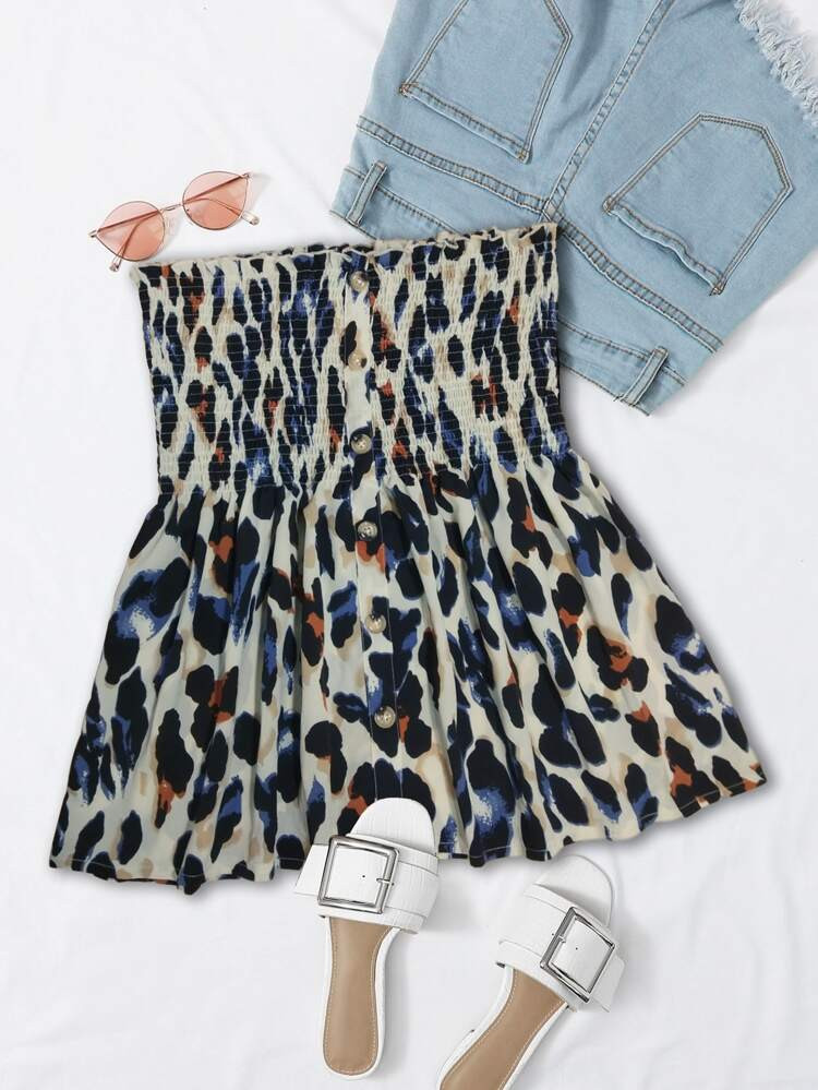 Plus All Over Print Button Front Shirred Detail Tube Top | SHEIN