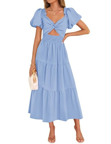 ZESICA Womens Summer Casual Flowy Vacation Maxi Dress 2026 Short Puff Sleeve A Line Smocked Cutout Beach Party Dresses,Light Blue,Small | Amazon (US)