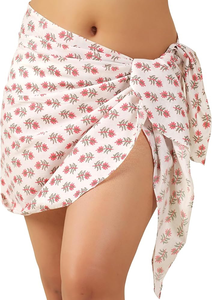 Cotton Sarong Coverup for Women Indian Floral Print Swimsuit Pareo Wrap Skirt Beach Bikini Cover ... | Amazon (US)