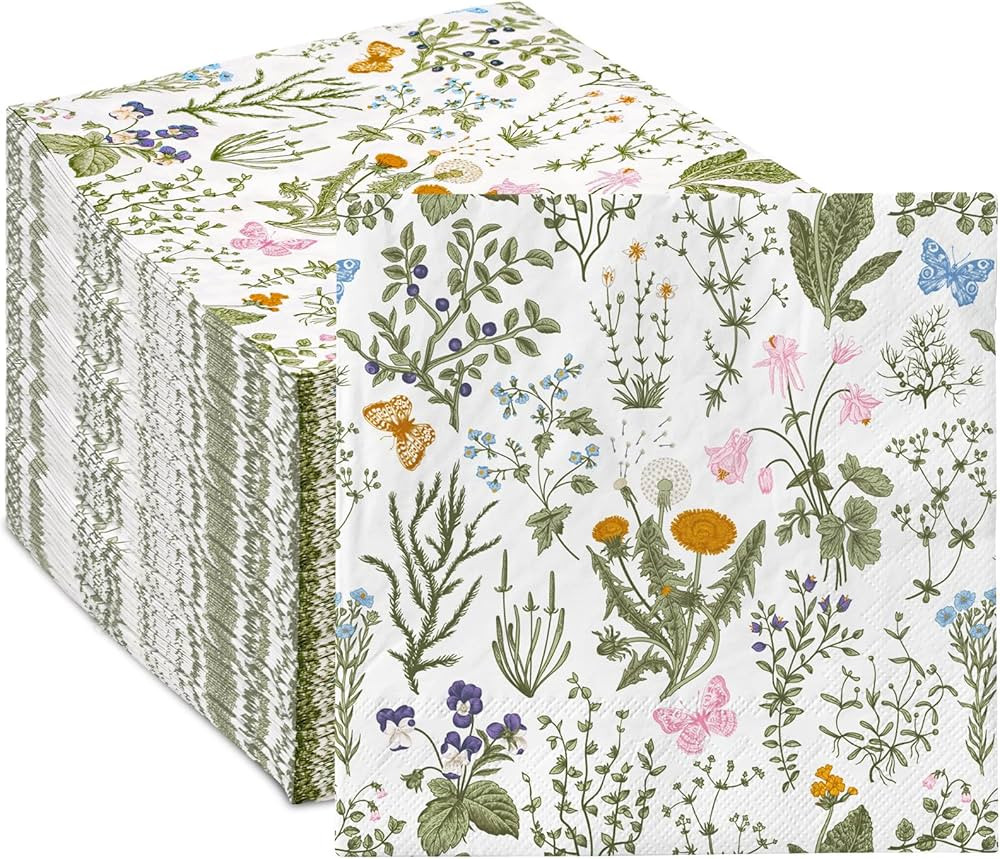 JarThenaAMCS 80Pcs Vintage Wildflower Cocktail Paper Napkin Green Floral Disposable Dessert Napki... | Amazon (US)