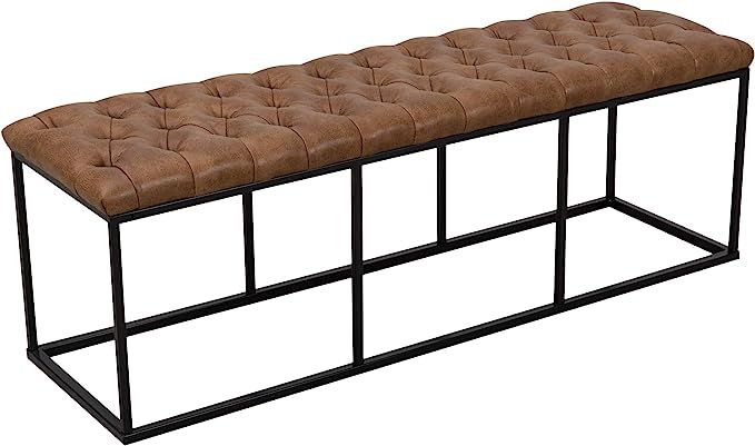 HomePop Faux Leather Button Tufted Decorative Bench with Metal Base, Brown | Amazon (US)