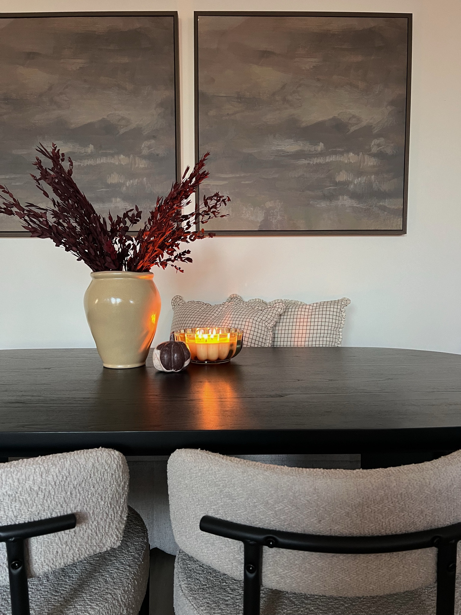 Dining details ✨  love this studio McGee artwork from Target to use on a large open wall! Fall cuties to decorate the table 🍁 