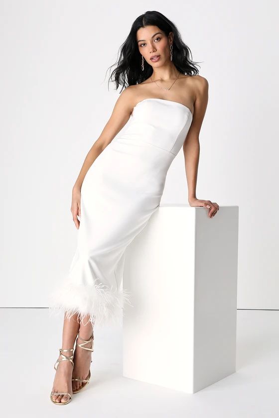 Feather Late Than Never White Strapless Feather Midi Dress | Lulus (US)