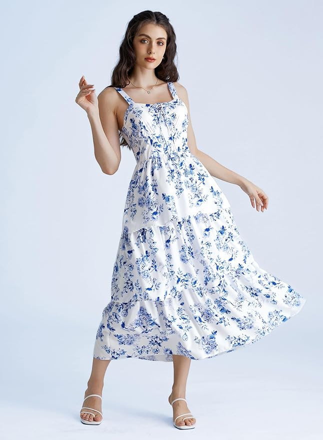 Scarlet Darkness Women's Floral Maxi Dress Summer Wedding Guest Dress Tiered Sleeveless Lace Up C... | Amazon (US)