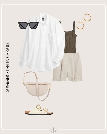 Summer Staples Capsule Wardrobe outfit idea | white button up, olive tank, linen shorts, slip on sandal, sling bag, sunglasses, gold hoops

See the entire Summer Staples Capsule Wardrobe on thesarahstories.com ✨ 

#LTKStyleTip