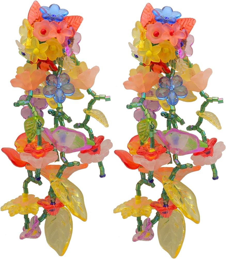 Rainbow Acrylic Flower Tassel Earrings for Women Girls Handmade Colorful Leaf Flower Statement Earring Exaggerated Bead Rainbow Floral Dangle Earring for Boho Beach Jewelry | Amazon (US)