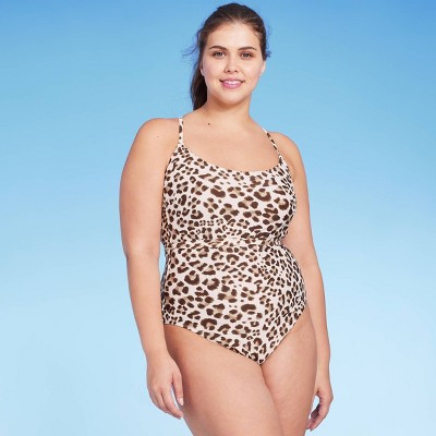 Women's Leopard Print Wrap Belt Medium Coverage One Piece Swimsuit - Kona Sol™ Beige M | Target