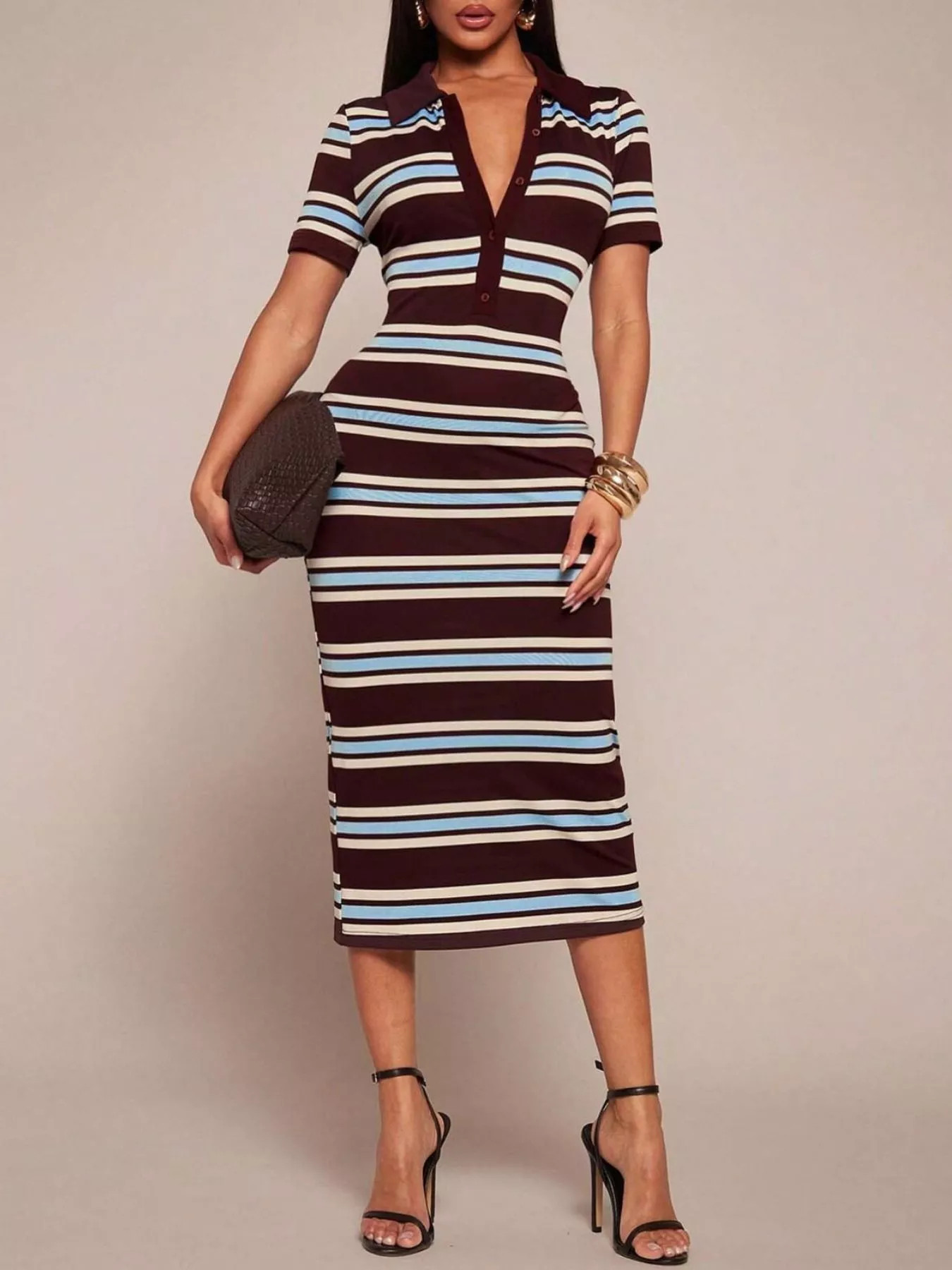SITRA Striped Polo Collar Midi Dress - Dark Brown / L | Shop.app