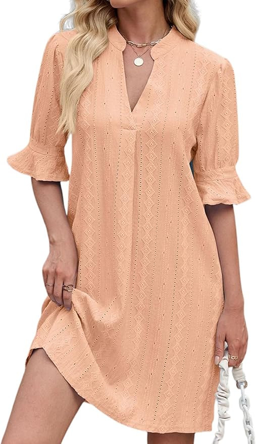 PerZeal Shirts Dress for Women V Neck Short Sleeves Casual Flowy Summer Beach Vacation Shifts | Amazon (US)