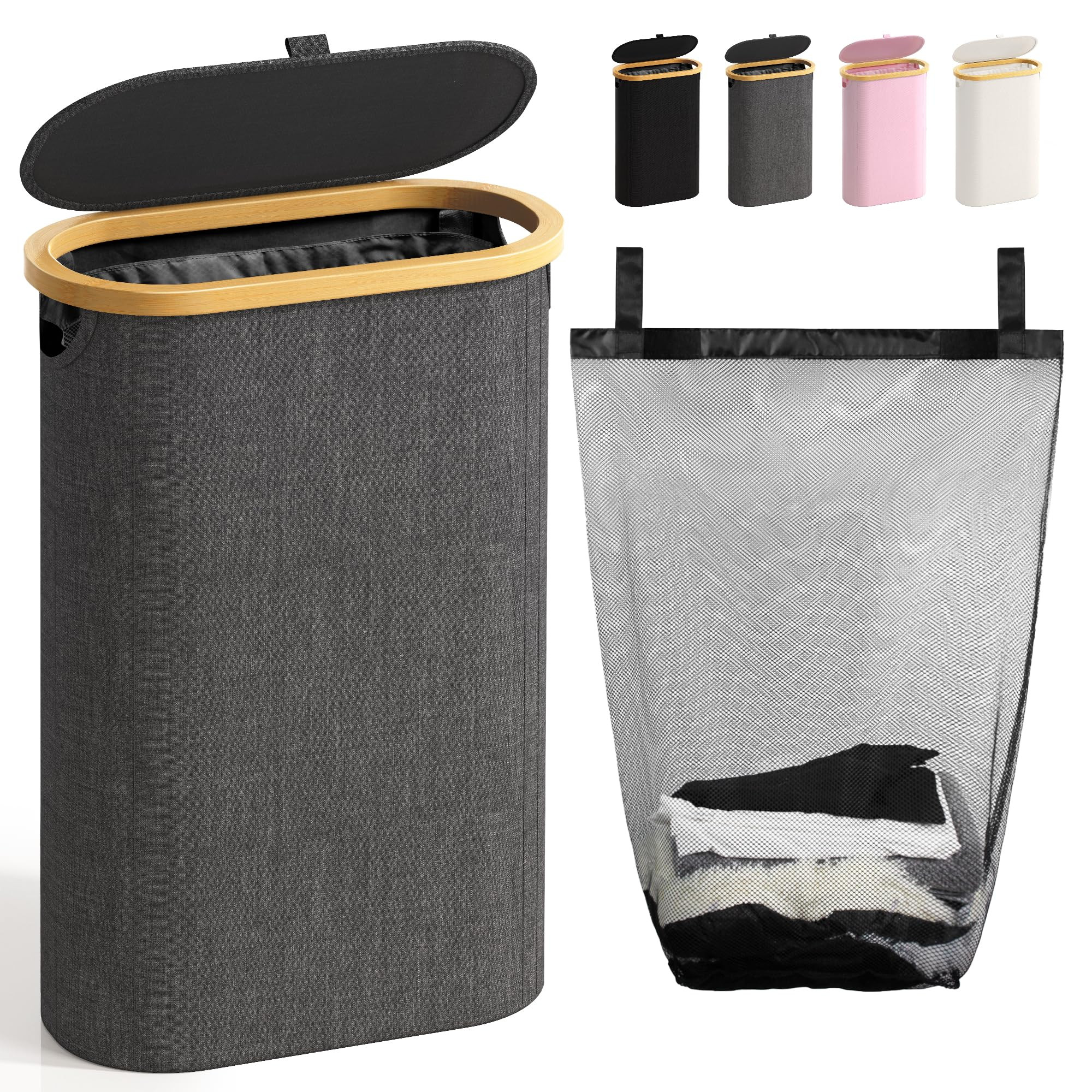 Slim Laundry Hamper with Lid, 60L Small Laundry Basket with Handles&Removable Bag, Thin Dirty Clo... | Amazon (US)