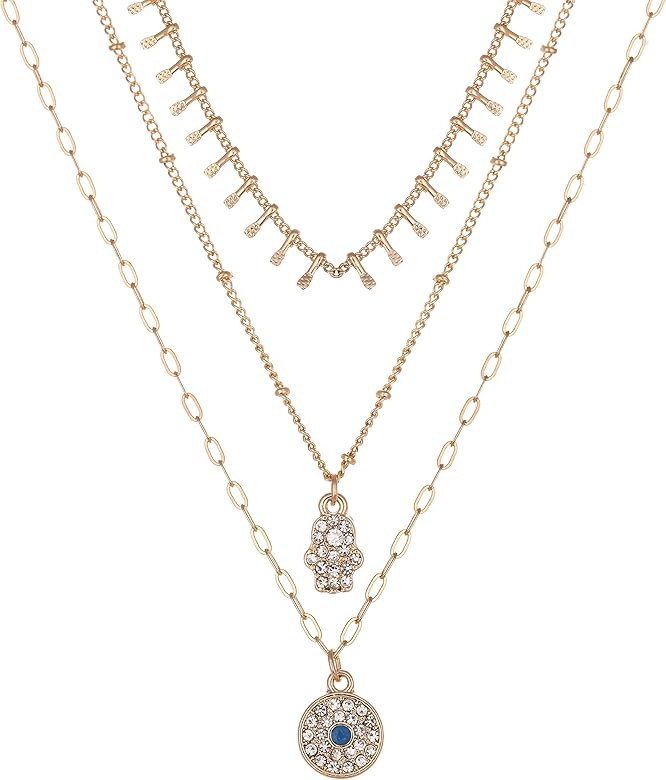 ZMNNOPPAB Layered Evil Eye Necklace and Hamsa Hand Necklace for Women,14K Gold Plated Coin Heart ... | Amazon (US)