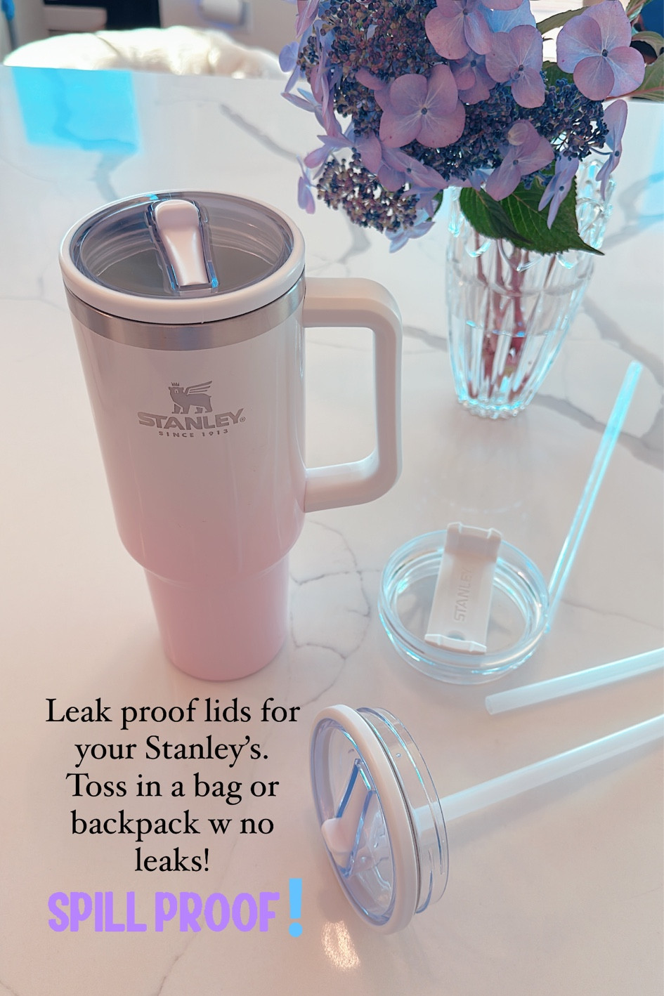 Leak proof lids for Stanley’s. Toss in bag or backpack no spills! 2 pack under $15 