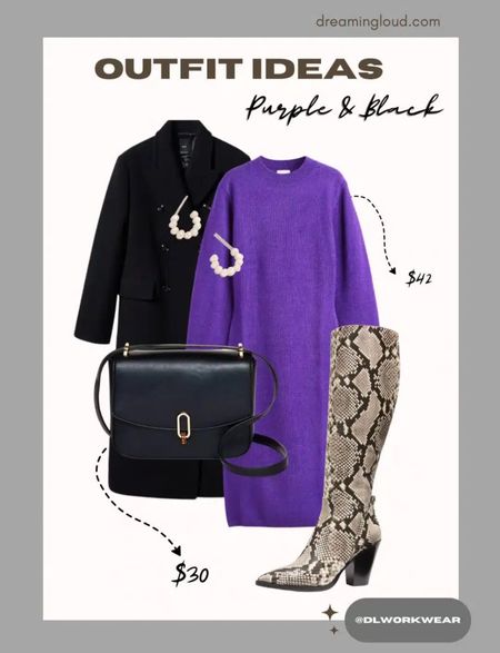 Purple and black outfit 
@hm purple sweater dress 
@marcjacobs snake print boots 
@mango black wool coat 
@target black crossbody bag 

#LTKunder100 #LTKFind #LTKworkwear