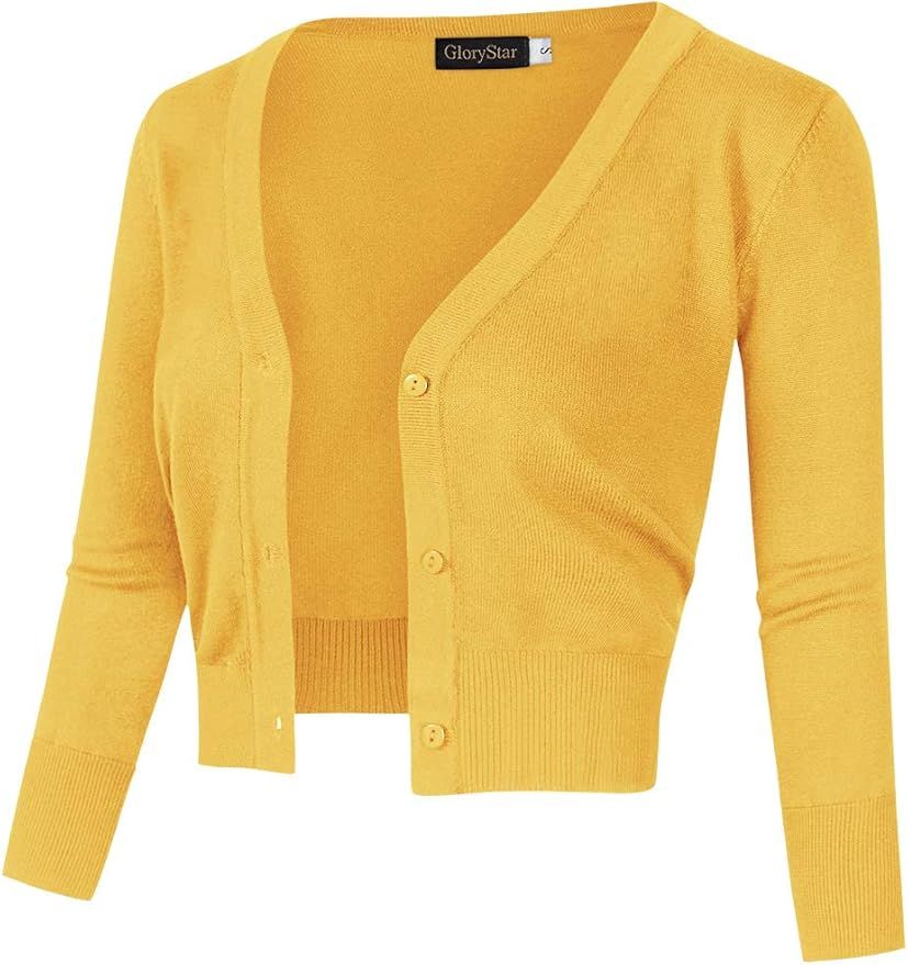 GloryStar Women's Casual Open Front Knit Cropped Bolero Shrug 3/4 Sleeve Cardigan Sweater | Amazon (US)