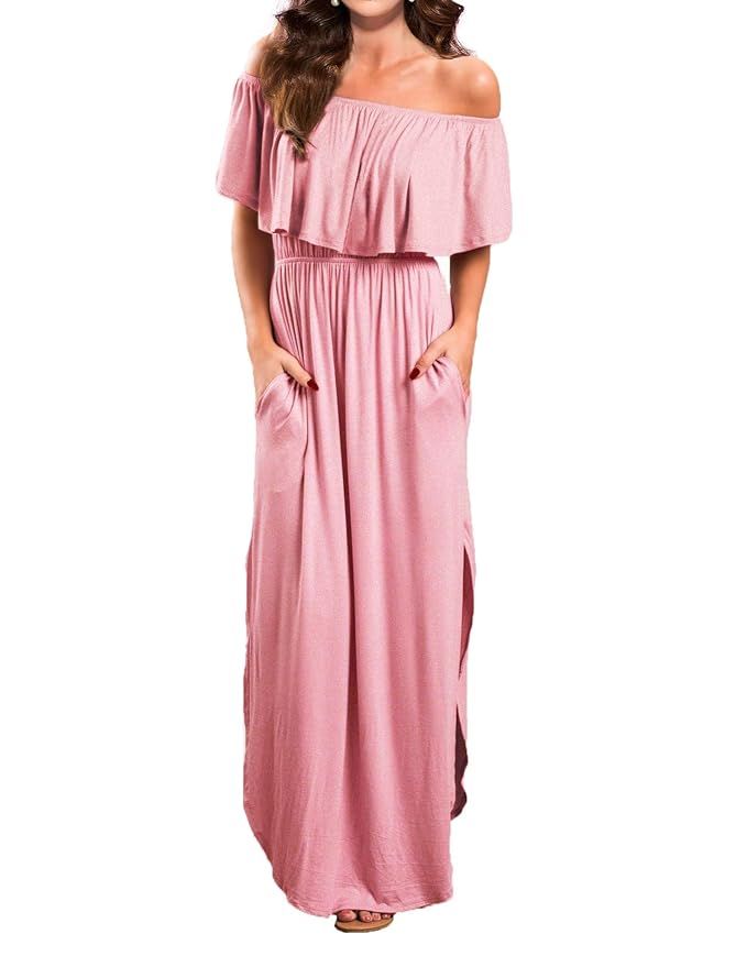 VERABENDI Women's Off Shoulder Summer Casual Long Ruffle Beach Maxi Dress with Pockets | Amazon (US)