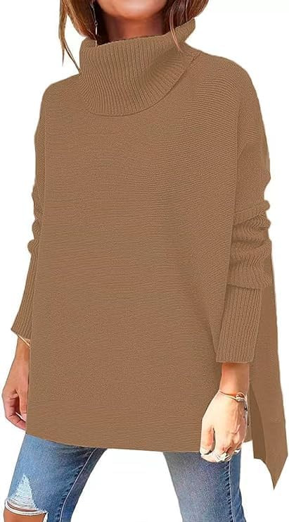 AiMgFUN Womens Strip Turtleneck Sweaters Long Sleeve Slit Knit Tops Fall Oversized Sweater Pullov... | Amazon (US)