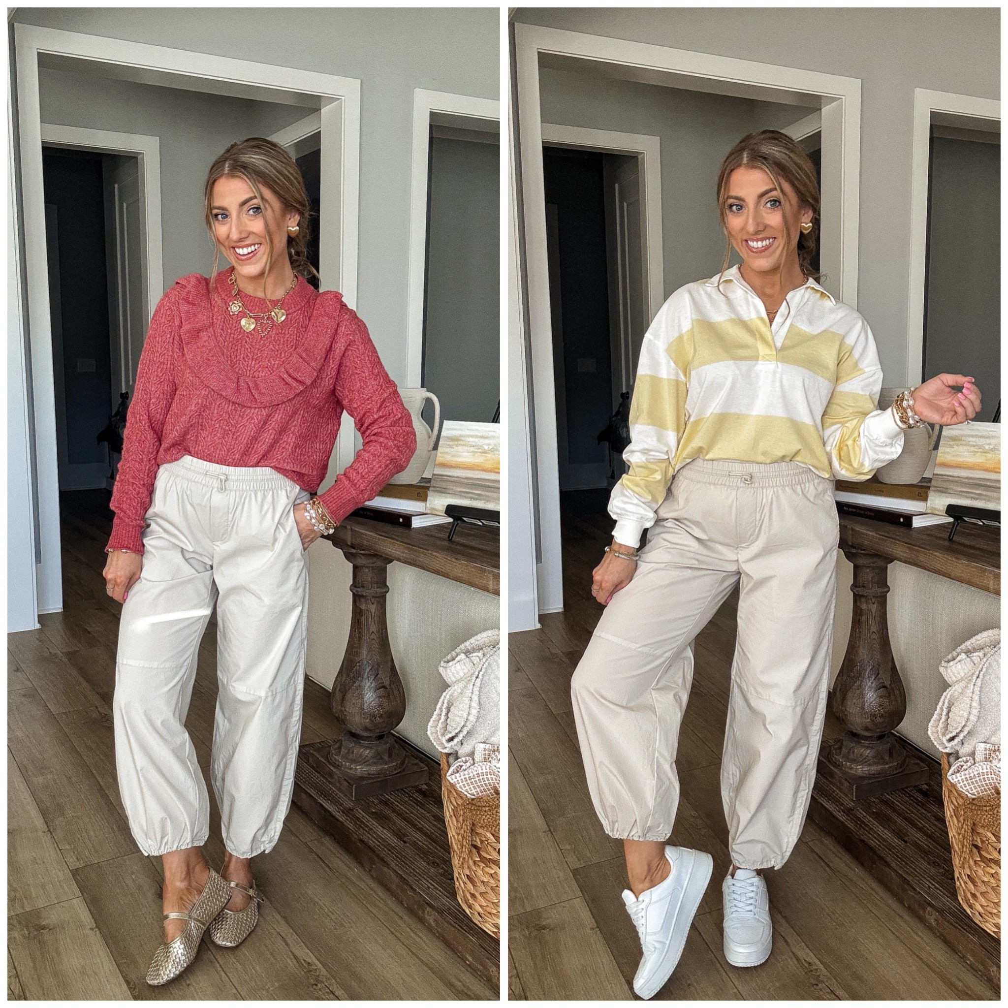One pair of pants, two completely different looks 🤍 These parachute pants are such a good everyday staple — they come in three length options and several color choices, making them super easy to find the perfect fit. Lightweight, comfy, and effortlessly cool, these are perfect for school drop-off, errands, travel days, or casual weekends.

I styled them two ways to show how versatile they are:
• Look one: paired with the cutest ruffle sweater that’s on sale for $11 — adds texture and a feminine touch
• Look two: styled with a classic striped rugby top on sale for $24 for an easy, sporty-casual vibe

Both looks work with sneakers or flats, and these pants are great for mixing and matching with basics you already own. If you love comfortable outfits that still feel styled, these are a must-grab.

Linked in LTK 🤍

#parachutepants #affordablefashion #everydayoutfits #casualstyle #momstyle #schooldropoffstyle #traveloutfitideas #neutraloutfits #mixandmatch #budgetfriendlystyle #ltkfinds #ltkstyle #styledtwoways