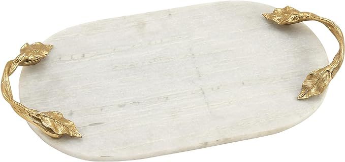 Deco 79 Marble Oval Tray with Gold Twisted Leaf Handles, 20" x 10" x 2", White | Amazon (US)
