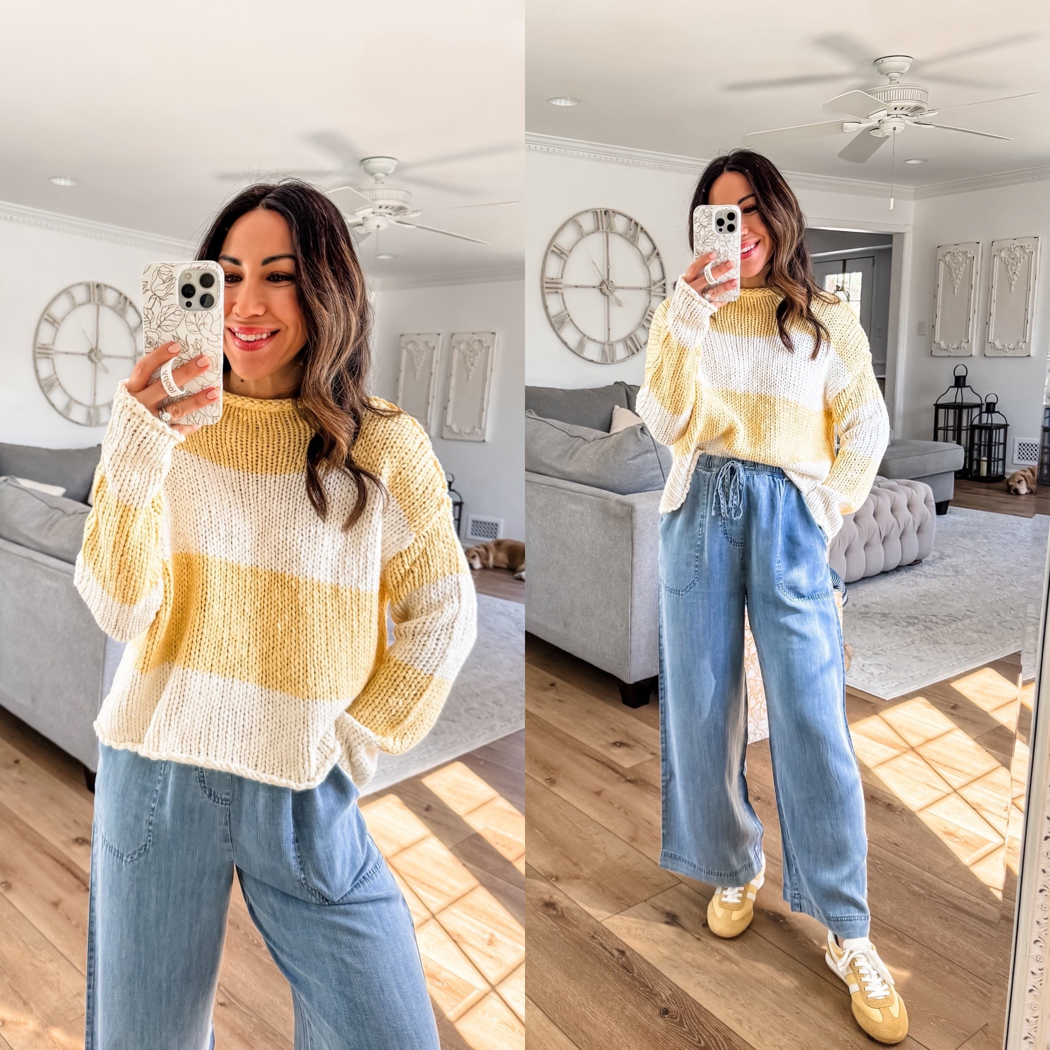 small sweater. Small chambray pants. Sneakers TTS.

#LTKPetite #LTKOver40