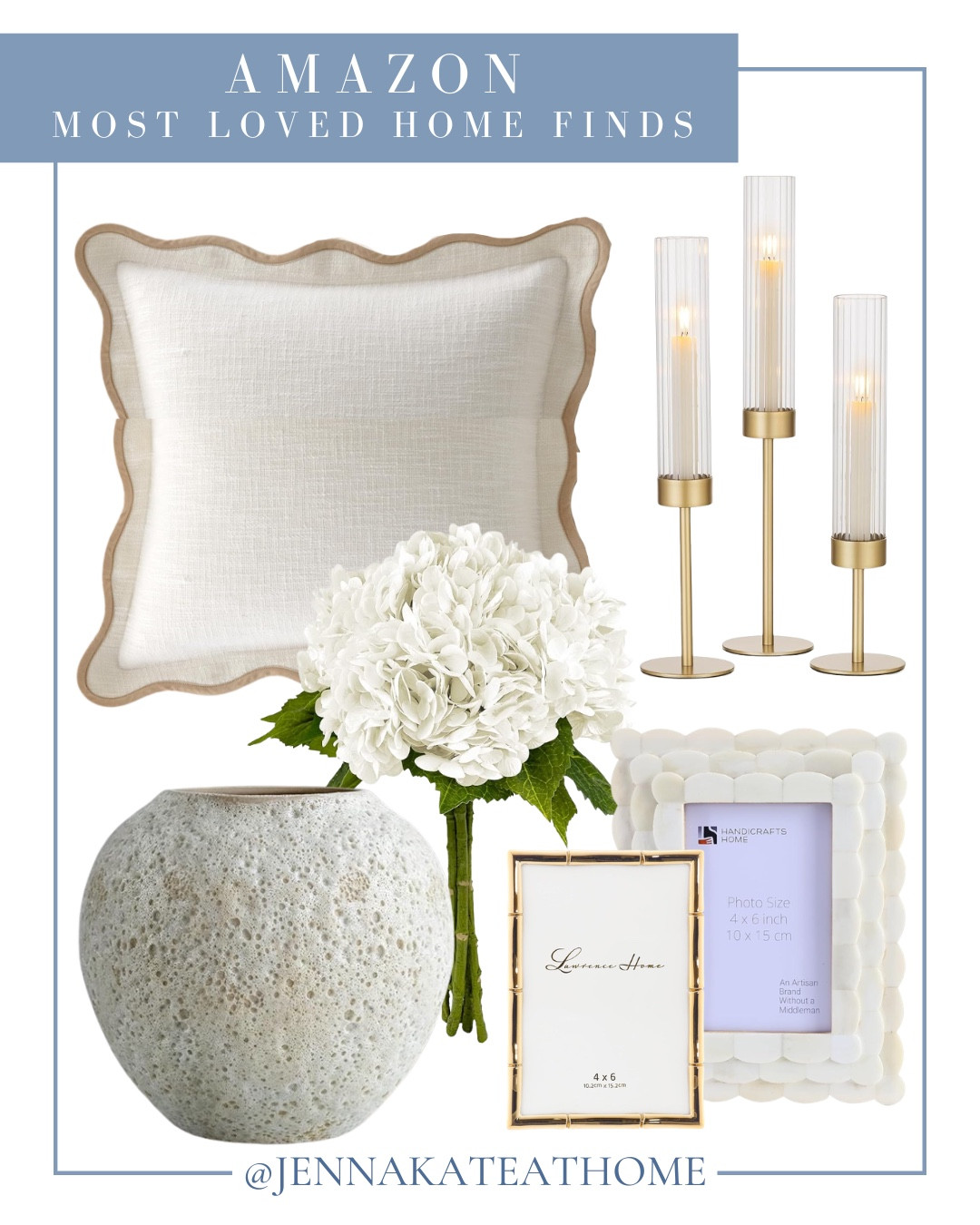 Amazon favorite home finds include throw pillow, candle holders, frames, hydrangeas, and vase.

Home decor, home accents, Amazon finds, looks for less, coastal home

#LTKvlog #LTKSeasonal #LTKHome