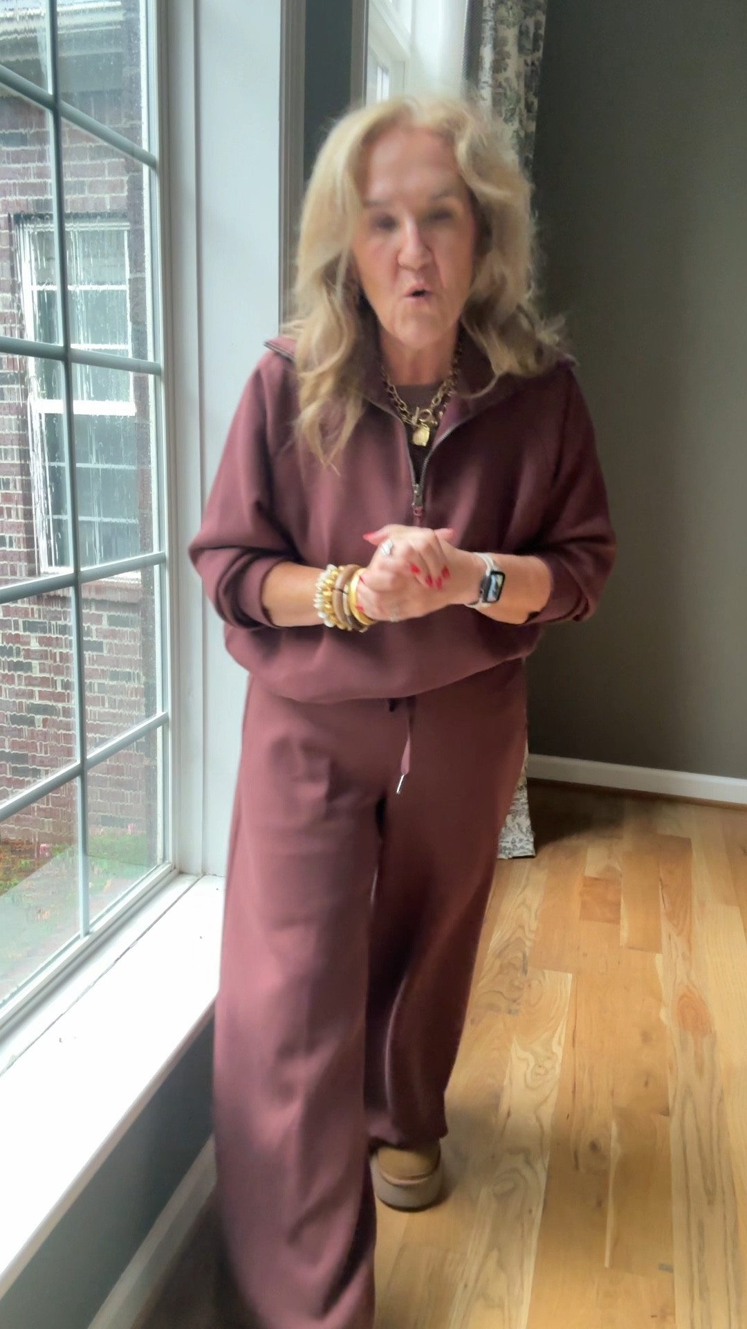 SPANX 25% off sale with code VIP25 on orders of $150 or more. 

New color in the air essentials wide leg pants and quarter zip. It’s called fig. My set is from last year this year set is a very similar color. 

I am wearing a size XL in the top and XL. Petite in the bottom. I would recommend ordering your larger size, but this is last year‘s larger size. Still looks great. I’m still wearing it and I still love the fit. 

My clogs are super cozy, fully stocked and under $100. They are suede with a faux fur lining. Love the platform great for a little extra height and still comfortable. 

Loungewear, travel, set, cozy outfit, fall outfit, spanks, air, essentials, gold jewelry, UGGs slippers, Taz

#LTKMidsize #LTKSaleAlert #LTKOver40