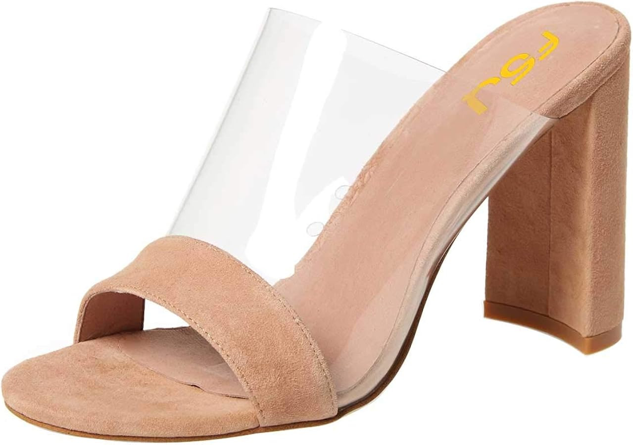 FSJ Women Clear Open Toe Sandals Slip On Chunky High Heels Slide Mules Fashion Pumps Transparent ... | Amazon (US)