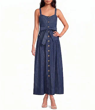Denim Sweetheart Neck Sleeveless Button Front A-Line Maxi Dress | Dillard's